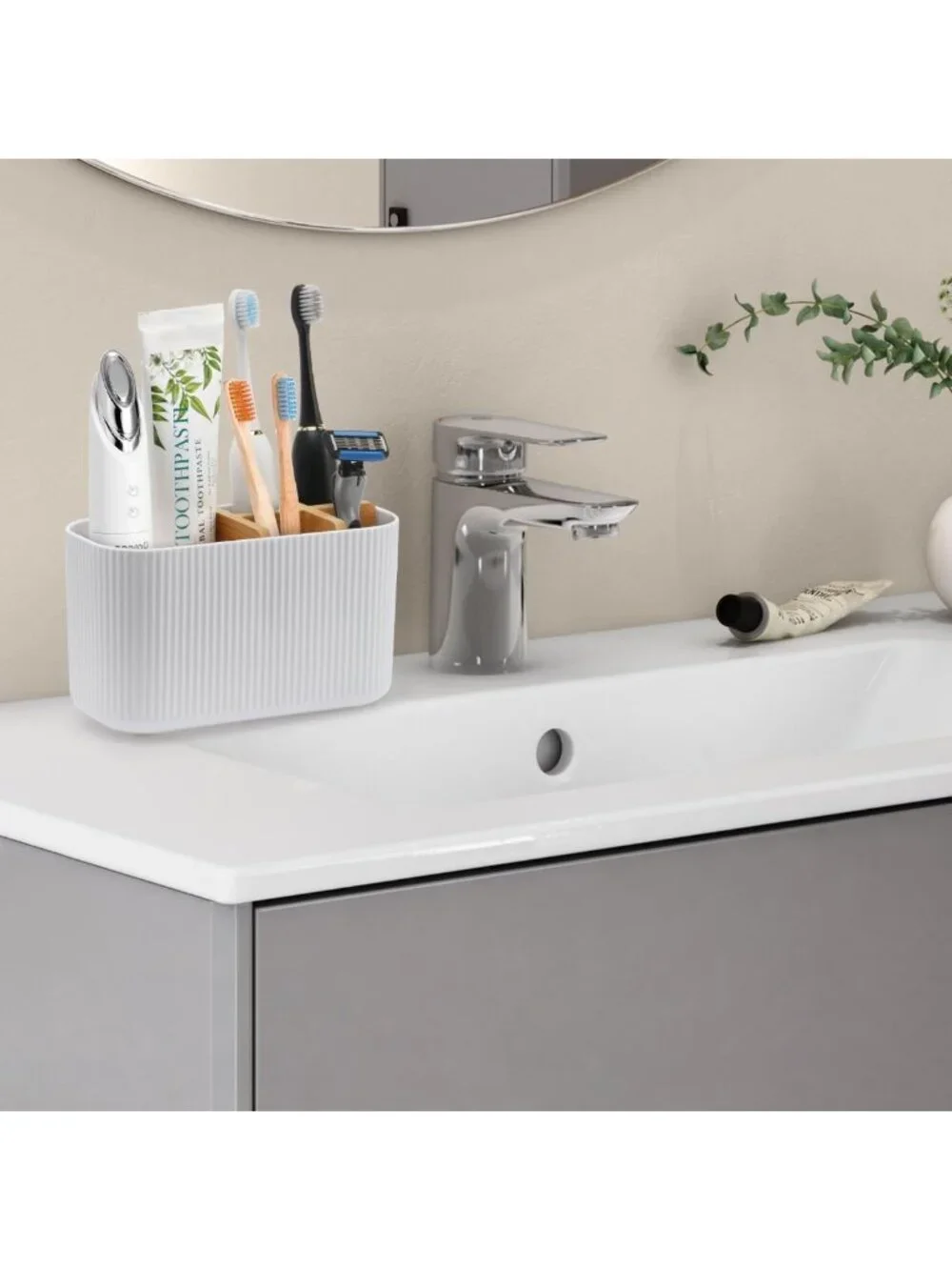 Stylish White Toothbrush Holder - 5 Slot Bathroom Storage Organizer for Easy